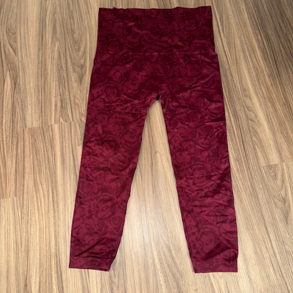 SPANX Rose Print Seamless High Waist Leggings Burgundy Size 3X 3TG